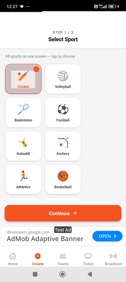 Create match step 1, select sport