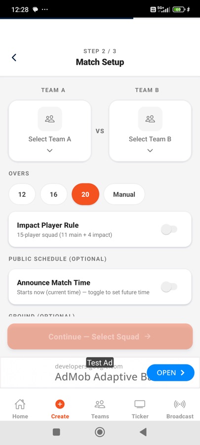 Create match step 2, teams and overs