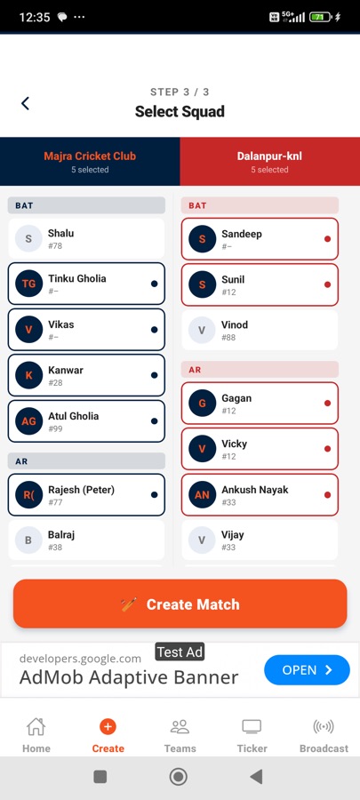 Create match step 3, select playing squad