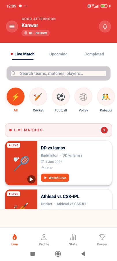 TkaTak Sports app home screen with live matches