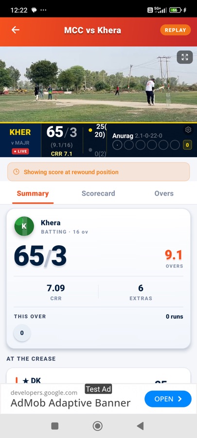Match screen with video and live score ticker