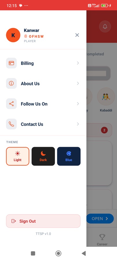 Side menu with theme options and sign out