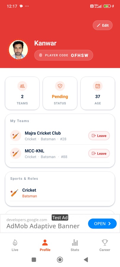 Player profile with teams and player code