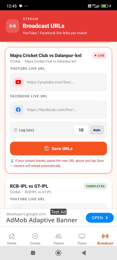 Broadcast URLs screen for YouTube and Facebook live
