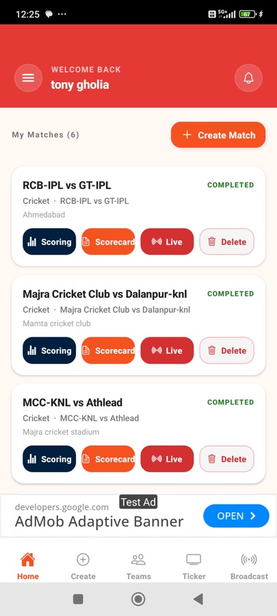 Scorer home with matches and Create Match button