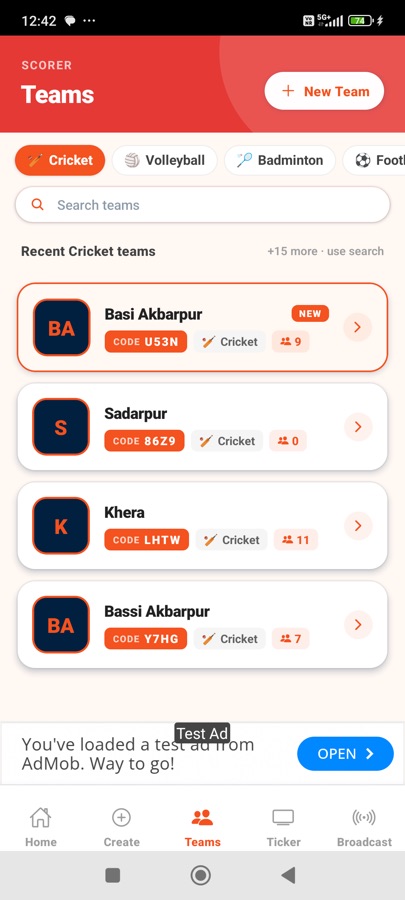 Teams list with team codes and player counts