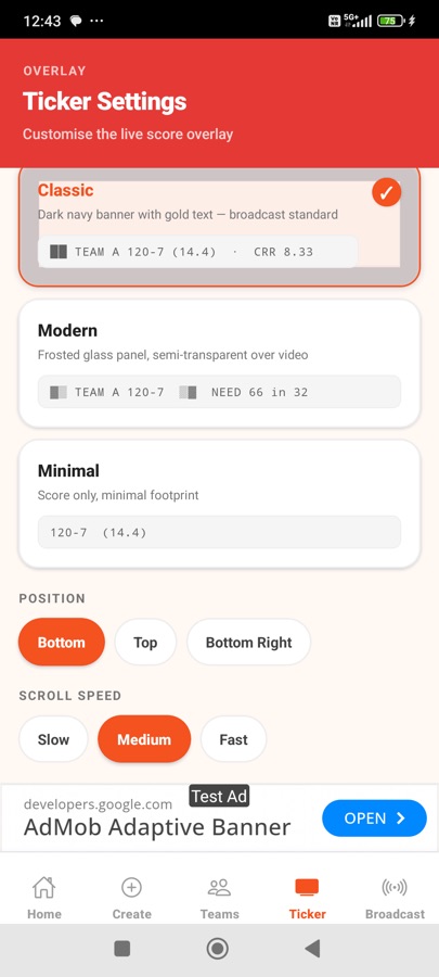 Ticker settings with style, position and speed
