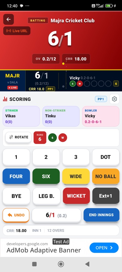 Cricket ball-by-ball scoring console