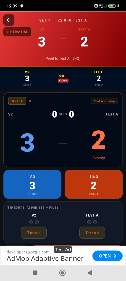 Volleyball scoring with points, sets and timeouts